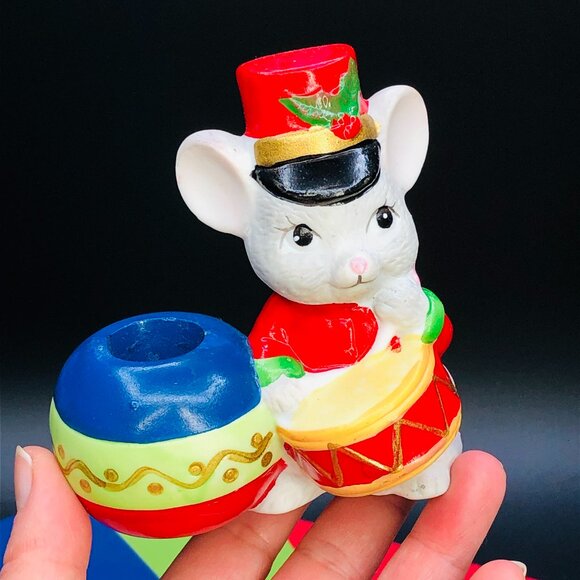 Vintage 90s HOLIDAY FRIENDS Mouse Drummer Candleholder Bisque Figurine - Picture 1 of 11